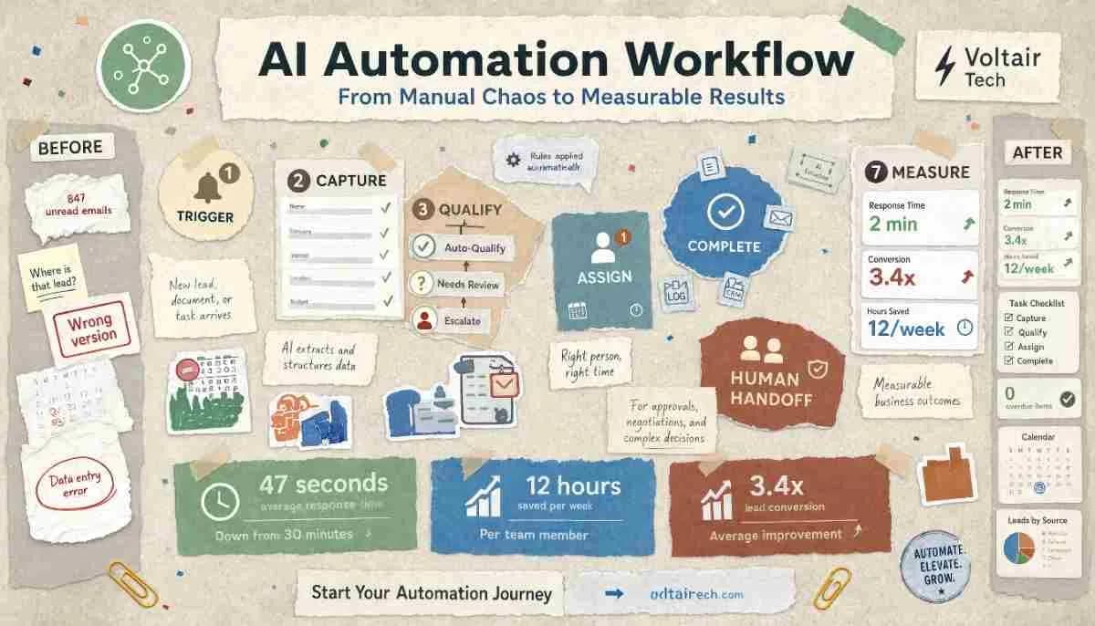 AI automation is most useful when the business has a repeated, measurable workflow that currently depends on manual coordination, scattered information or delayed handoffs. Start with one clearly defined process, decide what should remain human-led, and measure the result before expanding into a broader programme.